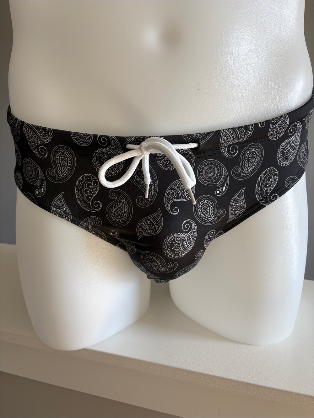 Men's Black Paisley Swim Briefs with White Drawstring